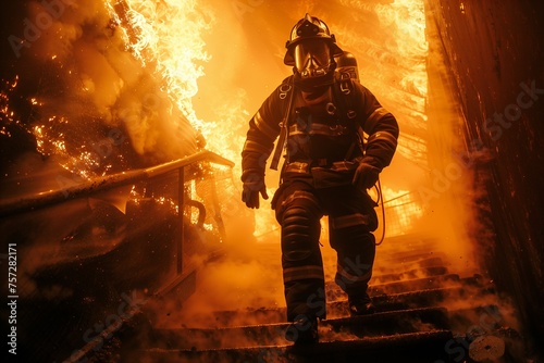 Courage Under Fire: Firefighter in Gas Mask Descending Stairs Amid Flames. Generative ai