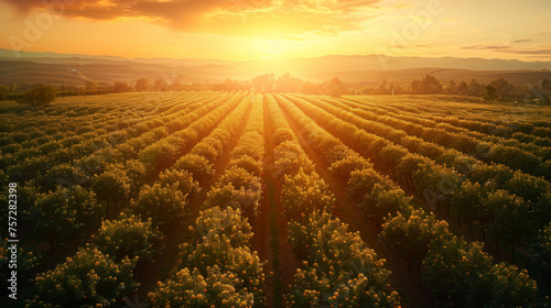 Golden sunset illuminating rows of blossoming vineyards in a serene rural landscape.