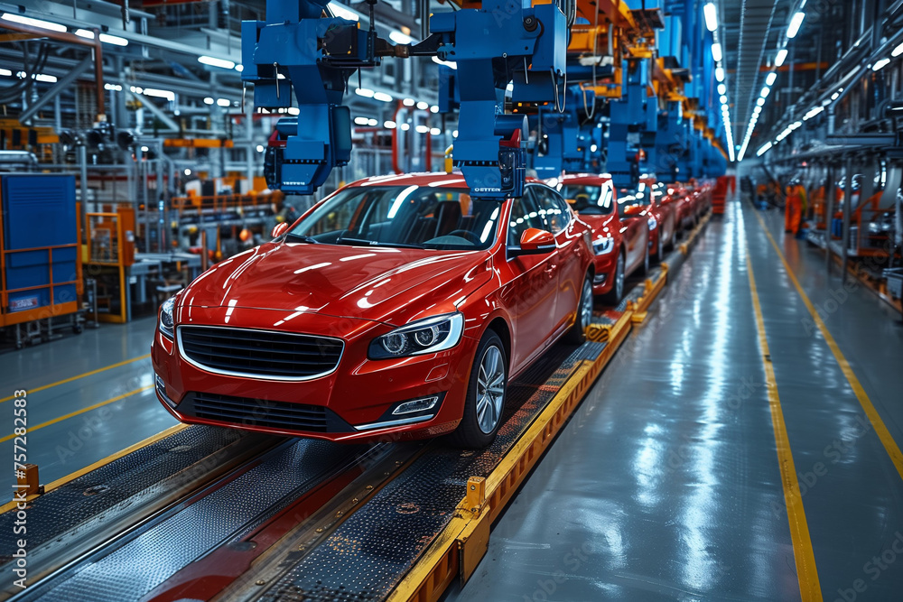 Modern Car Manufacturing Assembly Line: Red Cars in Various Stages of Production. Generative ai