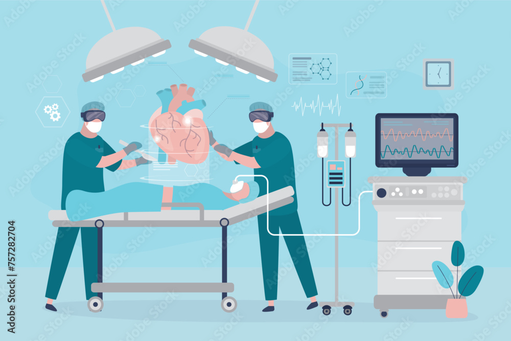 Team of surgeons uses VR headsets. Doctor doing surgical operation of circulatory system with help of virtual reality. Cardiologist or medical worker operating heart with digital glasses. - obrazy, fototapety, plakaty 