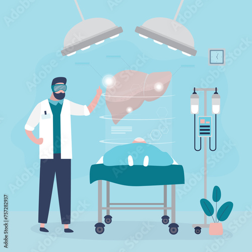 hepatologist or surgeon uses VR headsets. Doctor doing surgical operation of liver with help of virtual reality. Hepatologist or medical worker operating liver with digital glasses.