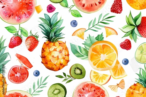 Watercolor seamless Illustration of summer with various types of different fruits  flowers  concept of the arrival and onset of summer. Concept for wrapped cover paper