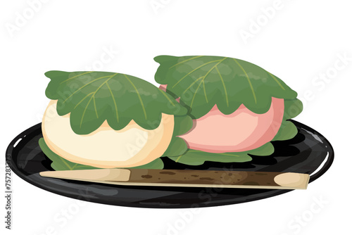 お盆にのせた白とピンク色の柏餅　2つ　菓子切つき