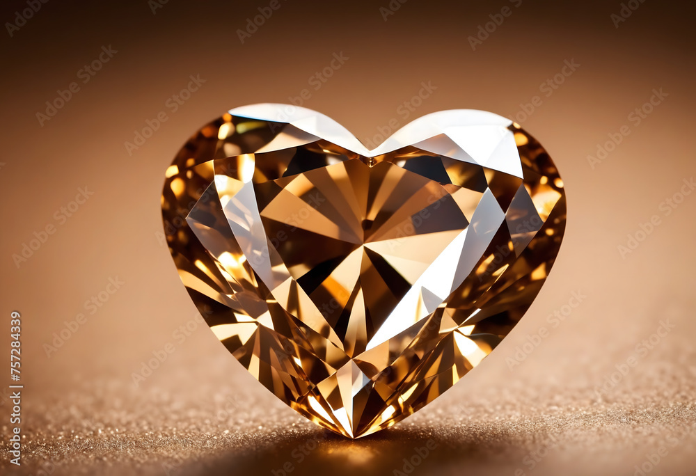 Fototapeta premium Gold heart shaped diamond on light brown background