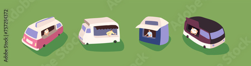 Food truck set. Different takeaway snacks trailers. Various camper kiosks with fastfood to go at festival in park. Vans to sell ice cream on summer fest outdoor. Flat isolated vector illustrations