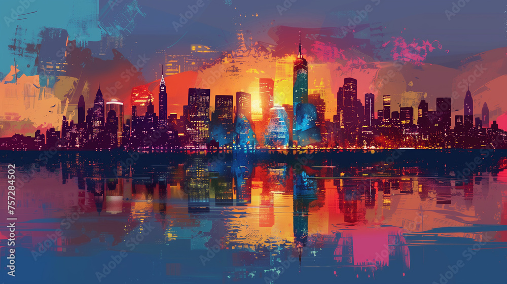 Cityscape at dusk depicted in Abstract Art style, ai generative