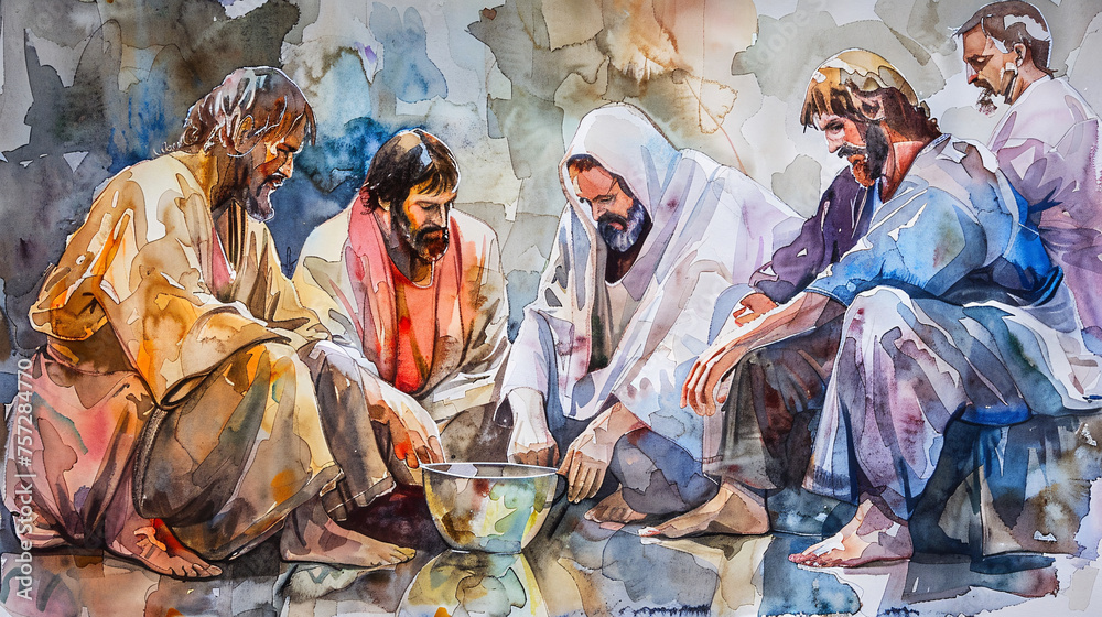 Spiritual watercolor painting of Jesus and his disciples during the ...
