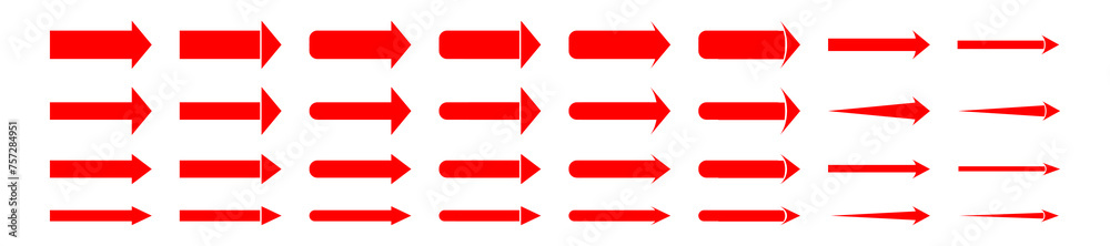 arrows red icon set isolated on white background. flat style consist of 24 straight forward arrow with some small size item. Some rounded rectangle on body arrows red icon set isolated on white background. flat style consist of 24 straight forward arrow with some small size item. Some rounded rectangle on body