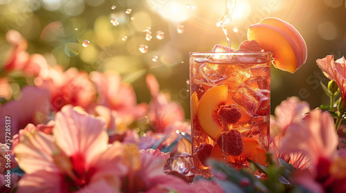 Iced tea adorned with peach slices, basked in sunset light within a floral setting photo