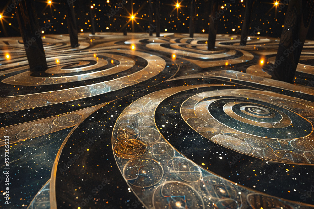Visualize a cosmic dance floor where stars and planets align in patterns resembling religious symbols