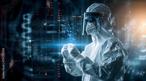 A scientist in a protective suit interacts with a virtual reality interface, symbolizing cutting-edge research and futuristic technology in science. 