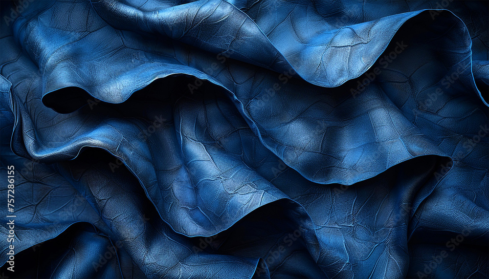 Blue abstract background. Shiny Natural Dark Blue Silk, Smooth Silk Texture Of Fashion Clothes, Underwear, Close-up. Silk Fabric Material, Textile, Linen. Abstract Blue Silky Background. Clothing  - obrazy, fototapety, plakaty 