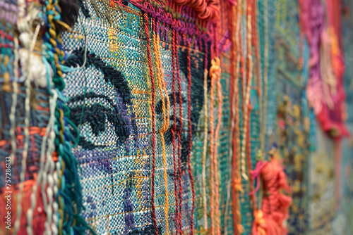 Visualize a tapestry woven with threads representing different religious narratives and teachings photo