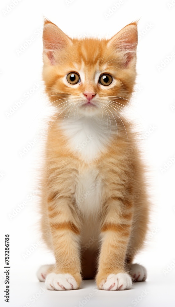 Close-up fluffy kitten white backdrop, adorable domestic pet illustration for design projects