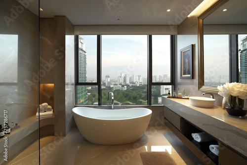 Luxurious Urban Bathroom with City View. A sophisticated urban bathroom featuring a standalone bathtub, panoramic cityscape view, modern vanity, and natural light.