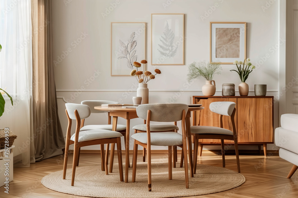 Fototapeta premium Scandinavian Dining Room Charm. Cozy dining area with mid-century modern chairs, wooden table, and decorative botanical artwork.