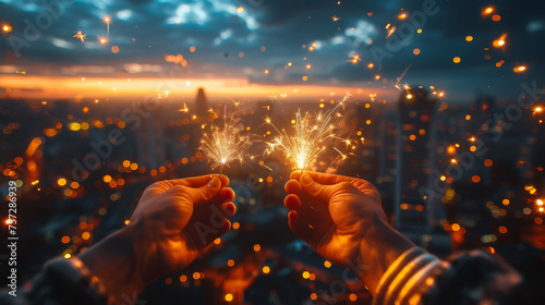 Companion Sparks: Pair of Hands with Fireworks and Bokeh Lights 