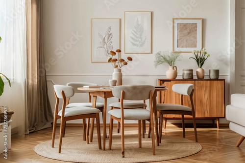 Scandinavian Dining Room Charm. Cozy dining area with mid-century modern chairs, wooden table, and decorative botanical artwork. © GustavsMD