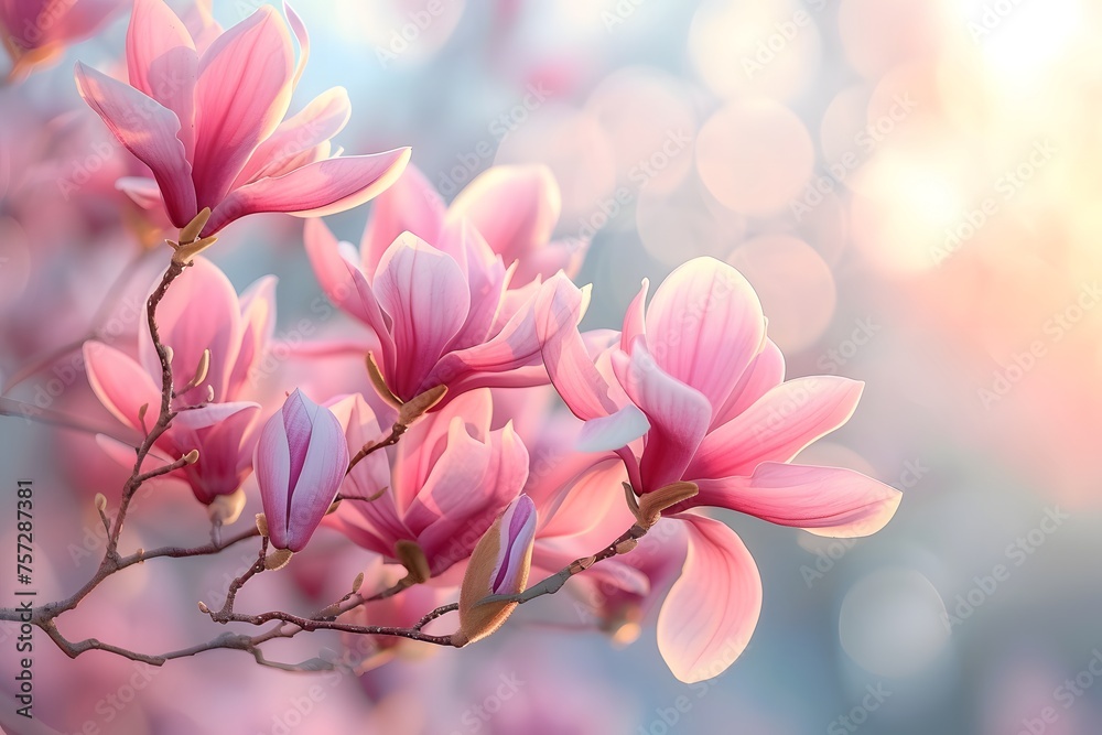A lovely pink magnolia blossoms in a spring park, symbolizing 
