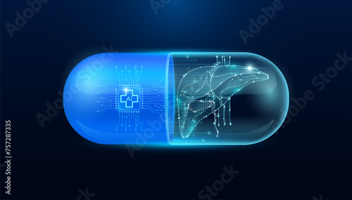 Microchip liver interface in capsule blue luminous. Smart digital pills in health care alternative. Medicine futuristic. Pharmaceutical and scientific medical technology concept. Vector.