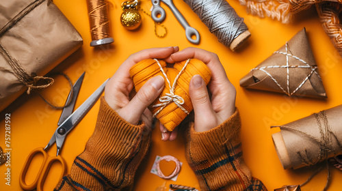 Hands tying a string around a wrapped gift among various wrapping tools and decorations on a vibrant orange background. 