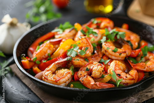 Stir fry spicy shrimps with vegetables in iron pan. © pjjaruwan