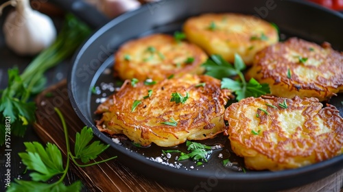 Potato pancakes with parsley and dill in a frying pan