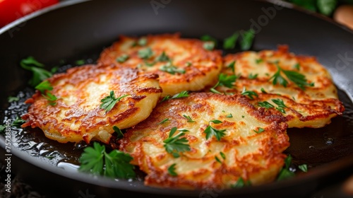Potato pancakes with parsley in a frying pan on a dark background