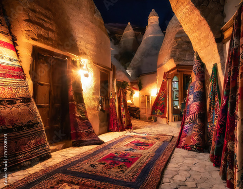 Traditional Turkish carpets on grand bazaar of Cappadocia at night, Goreme, Urgup, Turkey