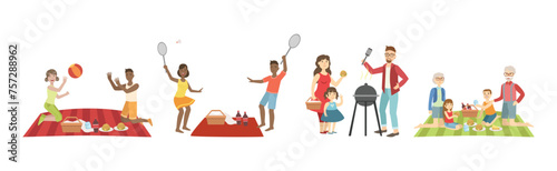 People Character Have Picnic in Park Sitting and Eating Vector Set