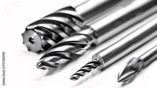 An array of precision carbide tools, including a spiral cutter and a detailed reamer, isolated for engineering and manufacturing professionals photo
