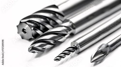 An array of precision carbide tools, including a spiral cutter and a detailed reamer, isolated for engineering and manufacturing professionals