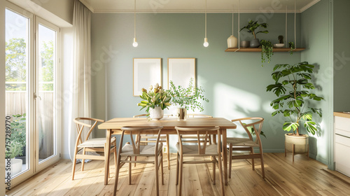 Bright  airy Scandinavian dining area showcasing a mid-century wooden table and chairs  complemented by a fresh green wall and natural light