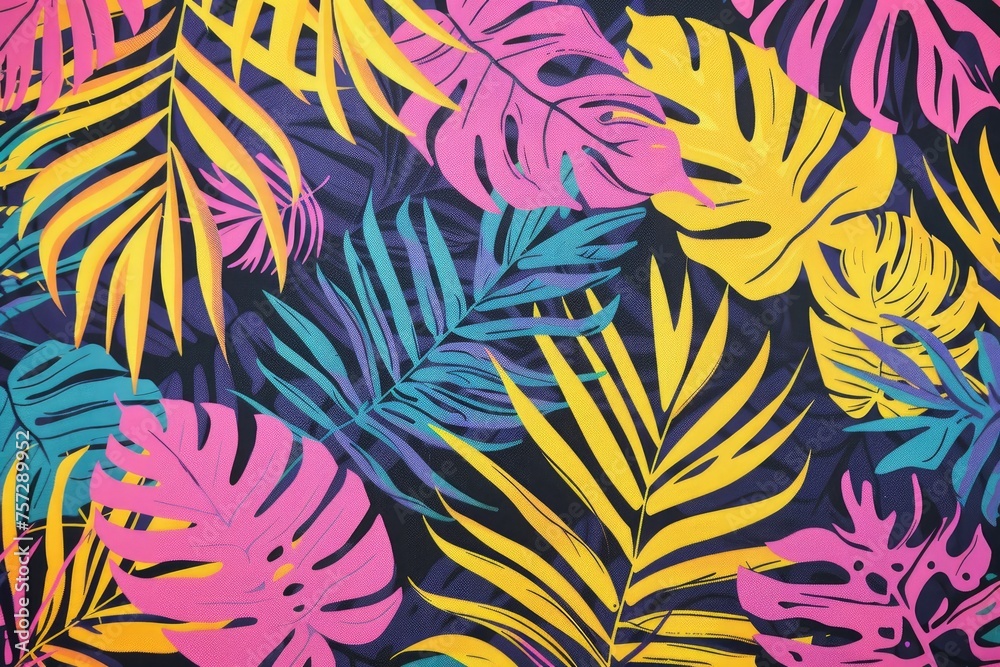 A vibrant tropical leaf pattern with a pop art color scheme