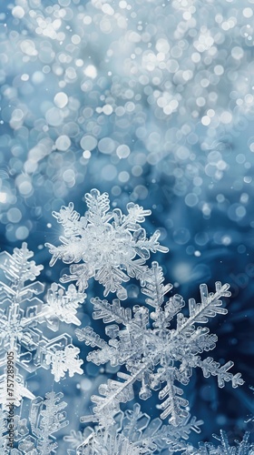 A frosty winter scene with snowflakes and ice crystals on a cool blue background