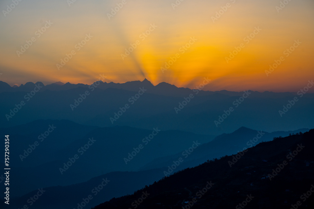 Sunset Rays Cresting the Himalayas in Nagarkot, Nepal