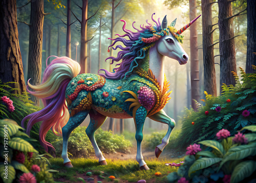 A colorful unicorn in a fairy forest