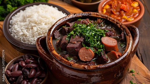 feijoada, brazilian food with black beans and pork meat photo