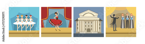 Theater Performance with People Character Show on Stage and Building Vector Set