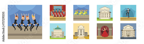 Theater Performance with People Character Show on Stage and Building Vector Set