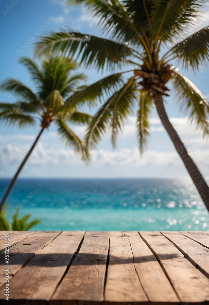 Top of wood table with seascape and palm tree, blur bokeh light of calm sea and sky at tropical beach background