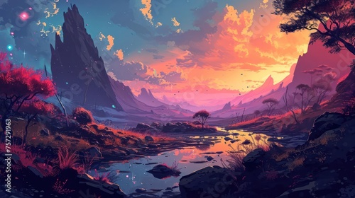 surreal landscape with an otherworldly ambiance, combining vibrant colors, distorted shapes, and dreamlike features for a visually striking composition