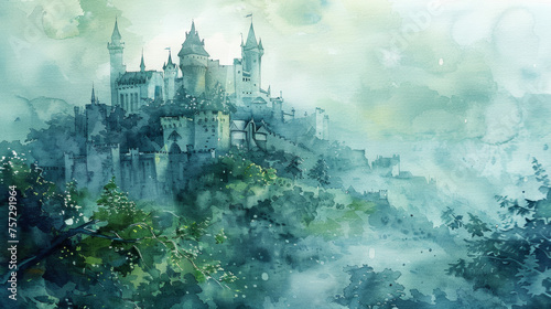 Enchanting watercolor illustration of a fairytale castle amidst an ethereal misty landscape, with ample copy space, ideal for fantasy-themed designs and storybook backgrounds photo