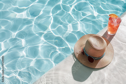 Straw hat, sunglasses and cocktail on swimming pool side.
