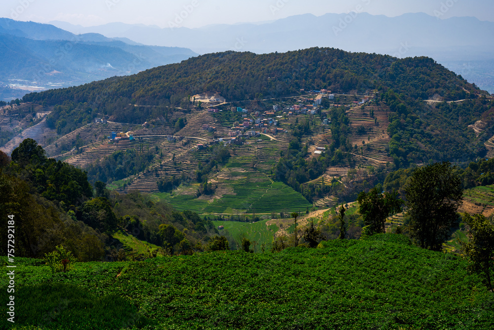 Sweeping View of Terraced Fields and Lush Greenery in Dhulikhel, Nepal