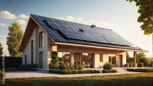House with Solar Panels and Backlit Sunlight on the Roof during Golden Hour. Eco-Friendly Energy. © alexx_60