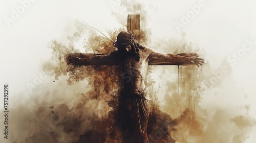 Artistic abstract depiction of crucifixion, blending watercolor effects with digital painting.