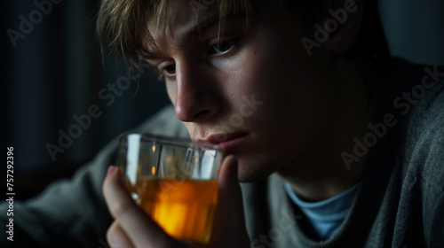 A depressed drunk young man looking at a glass of whiskey. concept of alcohol addiction. Alcoholism. close-up view. 