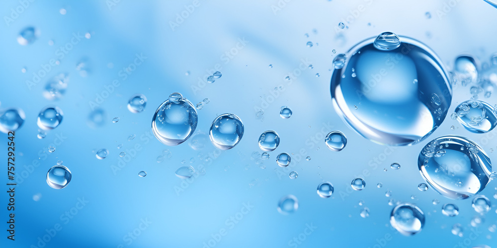 drops of water, Beautiful transparent cosmetic blue gas bubbles in water, Water bubbles in a blue background, Macro close up of blue gas bubbles in water creating an effervescent Generative AI