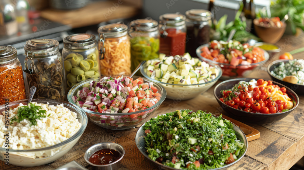 An array of colorful salads with various vegetables, grains, and dressings, arranged on a wooden kitchen counter An array of colorful salads with various vegetables, grains, and dressings, arranged on a wooden kitchen counter
